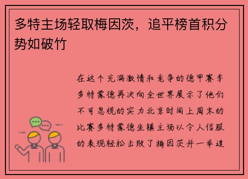 多特主场轻取梅因茨，追平榜首积分势如破竹
