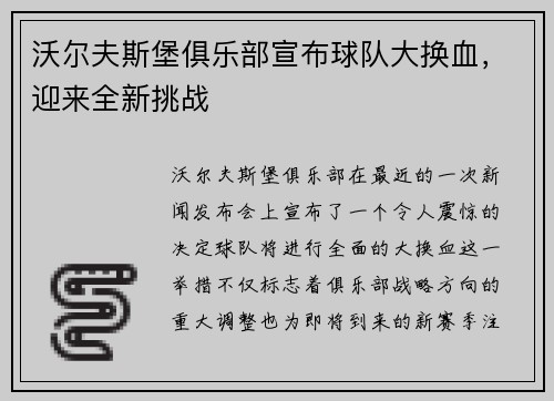 沃尔夫斯堡俱乐部宣布球队大换血，迎来全新挑战